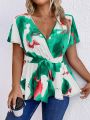 SHEIN Essnce Plus Graphic Print Belted Peplum Blouse