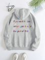 Slogan Graphic Kangaroo Pocket Drawstring Thermal Lined Hoodie