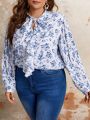 SHEIN Frenchy Plus Size Full Floral Print Blouse With Ruffled Neckline, Tie And Lantern Sleeves