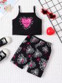 SHEIN Kids HYPEME Toddler Girls' New Love Heart And Spider Web Design Tank Top And Elastic Waist Milk Silk Shorts Set