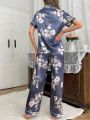 Imitation Silk Floral Print Pajama Set With Lapel Collar