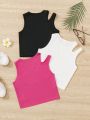 SHEIN Kids HYPEME Tween Girls' Vintage Minimalist Street Style Knitted Solid Color Sleeveless Vest, 3pcs/set