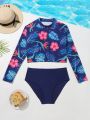 Teen Girl Tropical Printed Long Sleeve Bikini Top And Triangular Bottom Swimsuit Set
