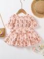 1pc Baby Girl Casual Off-Shoulder Floral Print Drawstring Short Sleeve Dress For Summer