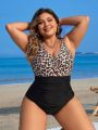 SHEIN Swim Classy Plus Size Women's Leopard Printed Ruched Monokini Swimsuit