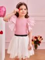 SHEIN Kids FANZEY Girls' Round Neck Double Layered Organza Ruffle Sleeve Knitted Comfortable T-Shirt