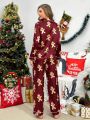 Christmas Gingerbread Man Print Contrast Piping Satin PJ Set