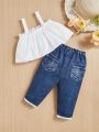 SHEIN Infant Girls' Casual Solid Color Sleeveless Top With Elastic Waist Denim Pants Set
