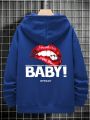 Extended Sizes Men Plus Lip & Letter Graphic Hoodie