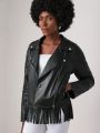 EFFLEURA Fringe Hem PU Leather Moto Jacket