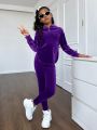 SHEIN Kids Cooltwn Teenage Girls' Fashion Party Solid Color Velvet Hooded Long Sleeve Outfit