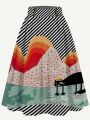 Plus Size Women's Striped Cat Print A-line Skirt