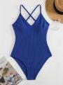 SHEIN Swim Basics Sexy Ladies Solid Color Pit V-Neck Cross Strap One Piece