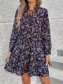 SHEIN LUNE Tie-Neckline Floral Print Lantern Sleeve Dress