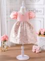 SHEIN Kids CHARMNG Little Girls' Romantic & Elegant Pink Jacquard Woven Fabric And Satin Patchwork Dress Featuring Large Bowknot Decoration On The Back With Ball Gown Skirt, For Spring And Summer