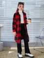 SHEIN Tween Girl Buffalo Plaid Print Drop Shoulder Flap Pocket Fleece Coat