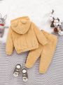 SHEIN Baby Boy Contrast Side Seam Kangaroo Pocket Half Zip Teddy Hoodie & Pants