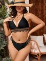 SHEIN Swim BohoFeel Pleated Ball Decor Halter Neck Plus Size Bikini With Triangle Cup