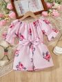 SHEIN Kids CHARMNG Rose Floral Print Bow Belted Romper