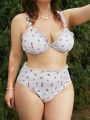 SHEIN Swim Mod Plus Size Women's Floral Print Ruffled Edge Swimsuit Set