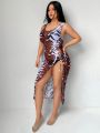 SHEIN Swim Y2GLAM Plus Size Women'S Tiger Print Split Cover-Up Dress