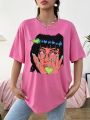 Color Burst Heart Pattern Oversized Round Neck Women'S Long T-Shirt