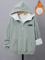 SHEIN Kids EVRYDAY Tween Boy Letter Patched Detail Kangaroo Pocket Drop Shoulder Teddy Lined Hooded Jacket