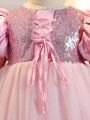 Toddler Girls' Pink Bubble Embroidery & Sequin Embellished Princess Dress Suitable For Performances, Weddings, Parties And Holidays