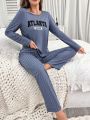 Women's Blue Striped Alphabet Print Homewear