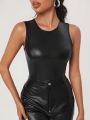 Janis Chow Women'S Pu Leather Sleeveless Top With Round Neckline