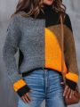 SHEIN LUNE Color Block Turtleneck Drop Shoulder Sweater