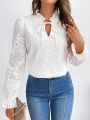 SHEIN Frenchy Ladies' Solid Color Hollow Out Embroidered Collar Tie Neck Blouse