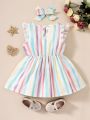 Baby Block Striped Ruffle Trim Bow Front Dress With Headband