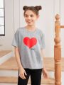 SHEIN Kids SUNSHNE Girls' Knit Love Heart Pattern Round Neck Casual Top, Mommy And Me Matching Outfits (2 Pieces Are Sold Separately)