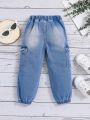 SHEIN Young Girl Casual Mid-Rise Elastic Waistband Ripped Jeans With Cuffed Hem Design