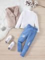 SHEIN Kids FANZEY Young Girls' Front Open Fuzzy Vest Jacket With Long Sleeve T-Shirt And Denim Effect Long Pants 2pcs/Set