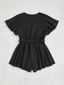 SHEIN Kids CHARMNG Girls Solid Butterfly Sleeve Belted Romper