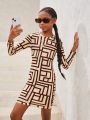 SHEIN Tween Girls' Fashionable & Elegant Knitted Long Sleeve Dress With Geometric Pattern And Round Neck