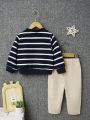 Baby Boy Striped Print Flap Pocket Jacket & Pants