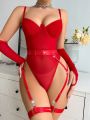 Solid Underwire Garter Teddy Bodysuit With 1pair Oversleeves