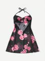 Women's Floral Printed Neck Hanging Strap Nightdress