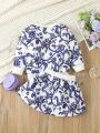 2pcs/set Baby Girls' Blue Floral Printed Sweatshirt And Skirt Set, Autumn And Winter