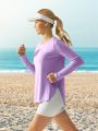 Women's Purple Sun Protection Long Sleeve T-shirt With Split Hem Detail Below Neckline