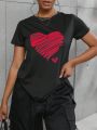 Heart Patterned Round Neck Short Sleeve T-shirt