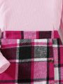 Teenage Girls' Stand Collar Pink Knit T-shirt And Wool Blend A-line Skirt And Hat 3pcs/set