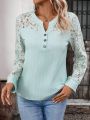 Women'S Lace Splice Notched Collar Blouse With Flounce Sleeve