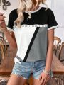 Ladies Round Neck Knitted T-Shirt With Color Blocking Design