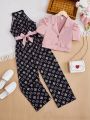 SHEIN Kids CHARMNG Tween Girls' Short Sleeve Blazer With Stand Collar, Detachable Sleeveless Contrast Belt Print Jumpsuit 2pcs/Set