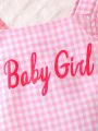 Baby Girl Pink Plaid Backless Multilayer Mesh Romper