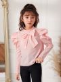 SHEIN Tween Girl Mock Neck Bow Front Gigot Sleeve Blouse